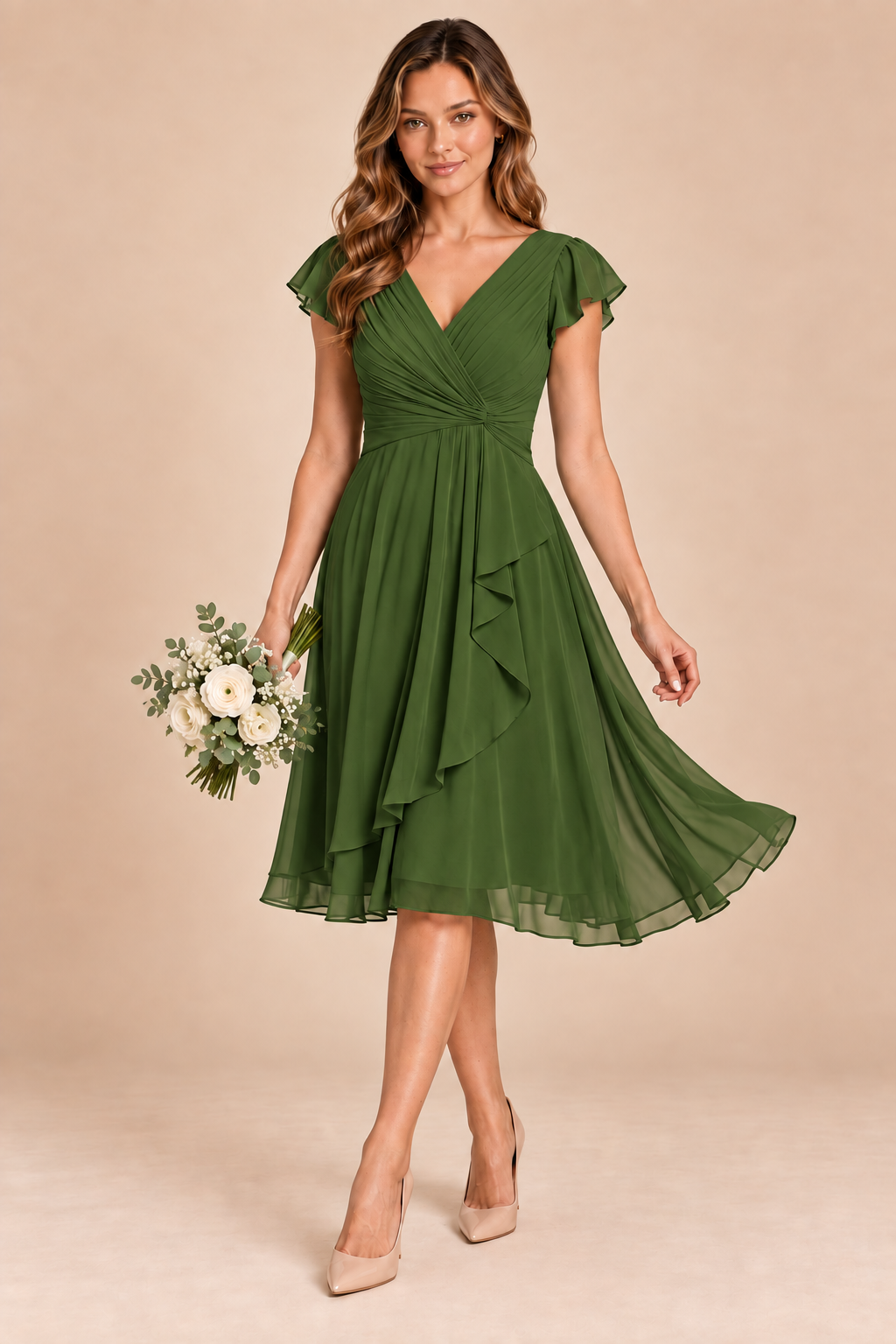olive green v-neck flutter sleeve chiffon short bridesmaid dress, front view