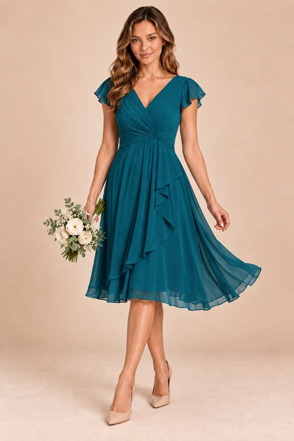 peacock v-neck flutter sleeve chiffon short bridesmaid dress, front view