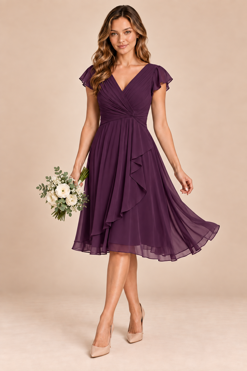 plum v-neck flutter sleeve chiffon short bridesmaid dress, front view