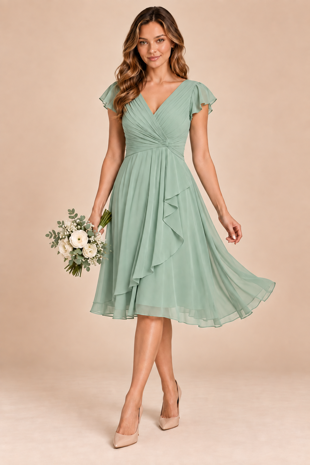 sage green v-neck flutter sleeve chiffon short bridesmaid dress, front view