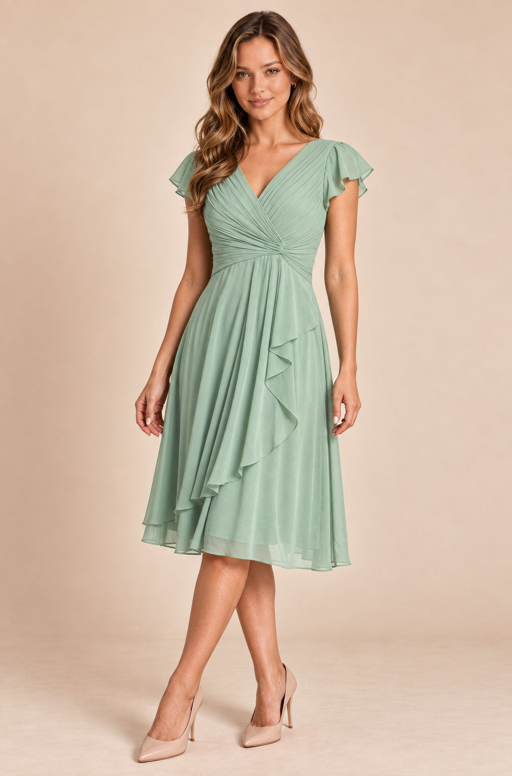 emerald green v-neck flutter sleeve chiffon short bridesmaid dress, three-quarter view