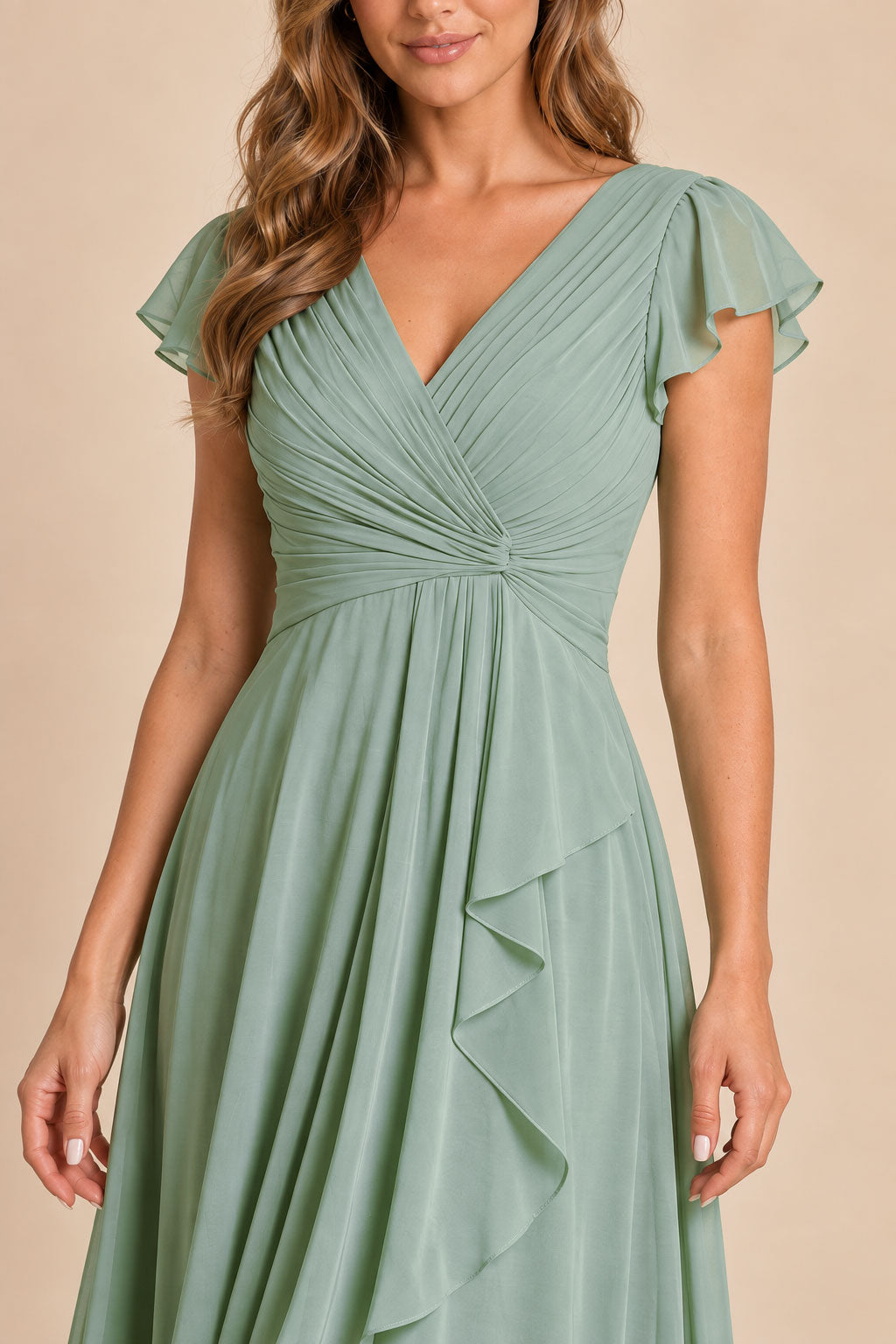 emerald green v-neck flutter sleeve chiffon short bridesmaid dress, detail view