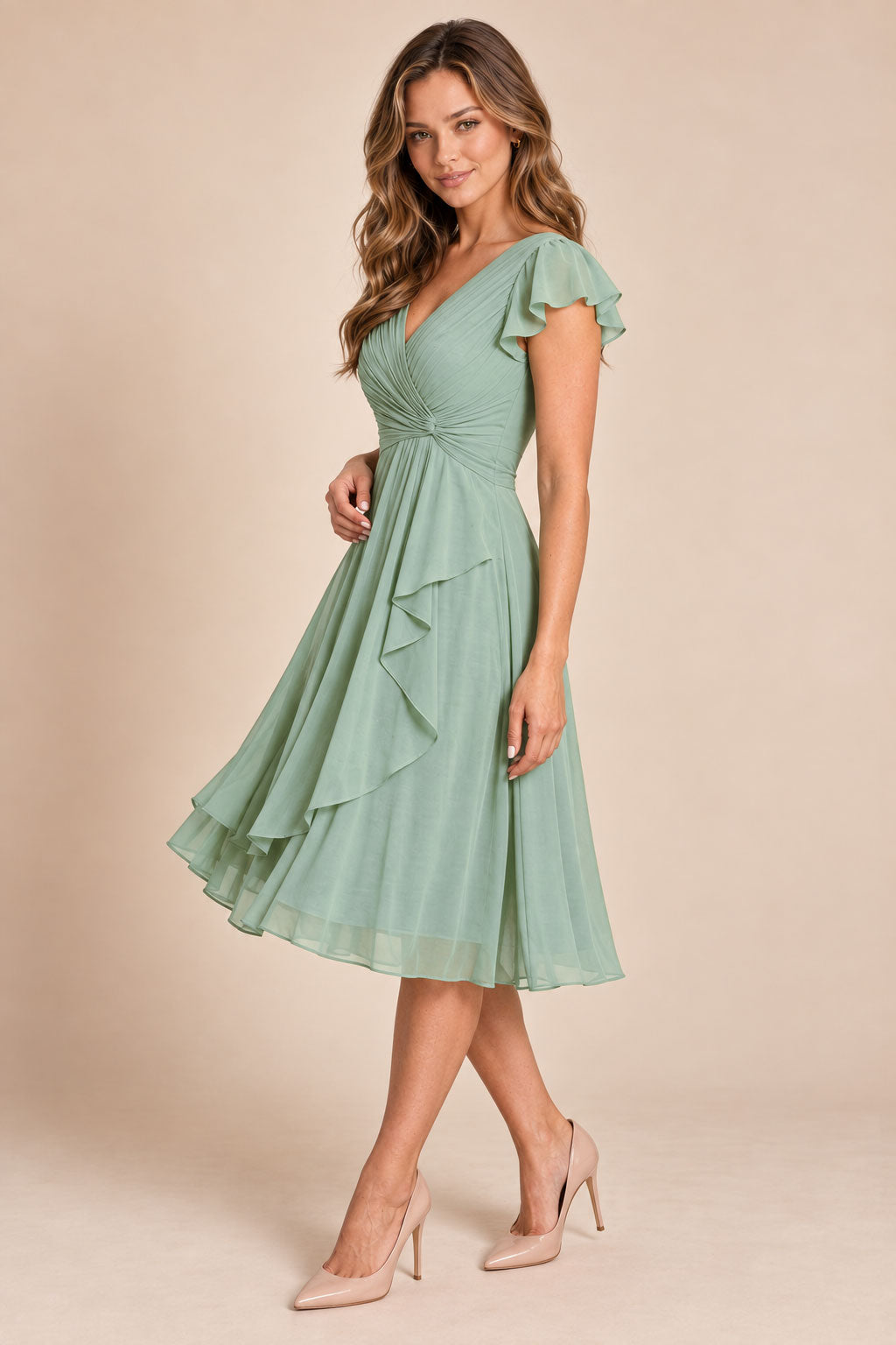 emerald green v-neck flutter sleeve chiffon short bridesmaid dress, side view