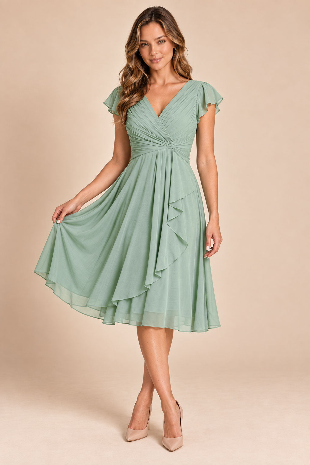 emerald green v-neck flutter sleeve chiffon short bridesmaid dress, movement view