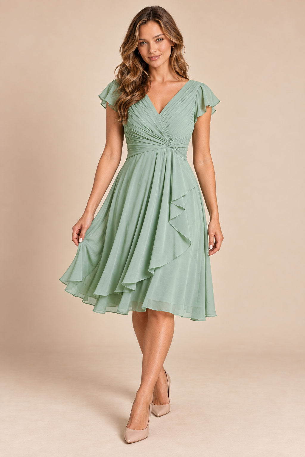 emerald green v-neck flutter sleeve chiffon short bridesmaid dress, movement view