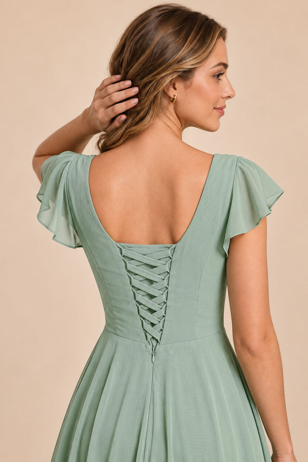 emerald green v-neck flutter sleeve chiffon short bridesmaid dress, back detail view