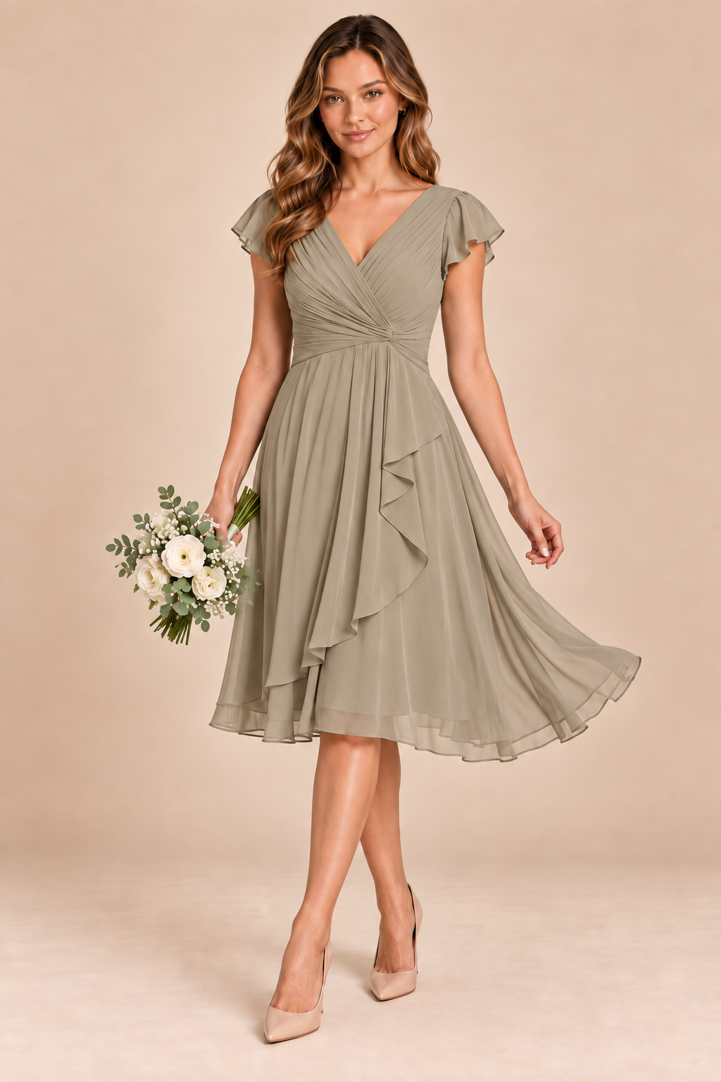 taupe v-neck flutter sleeve chiffon short bridesmaid dress, front view