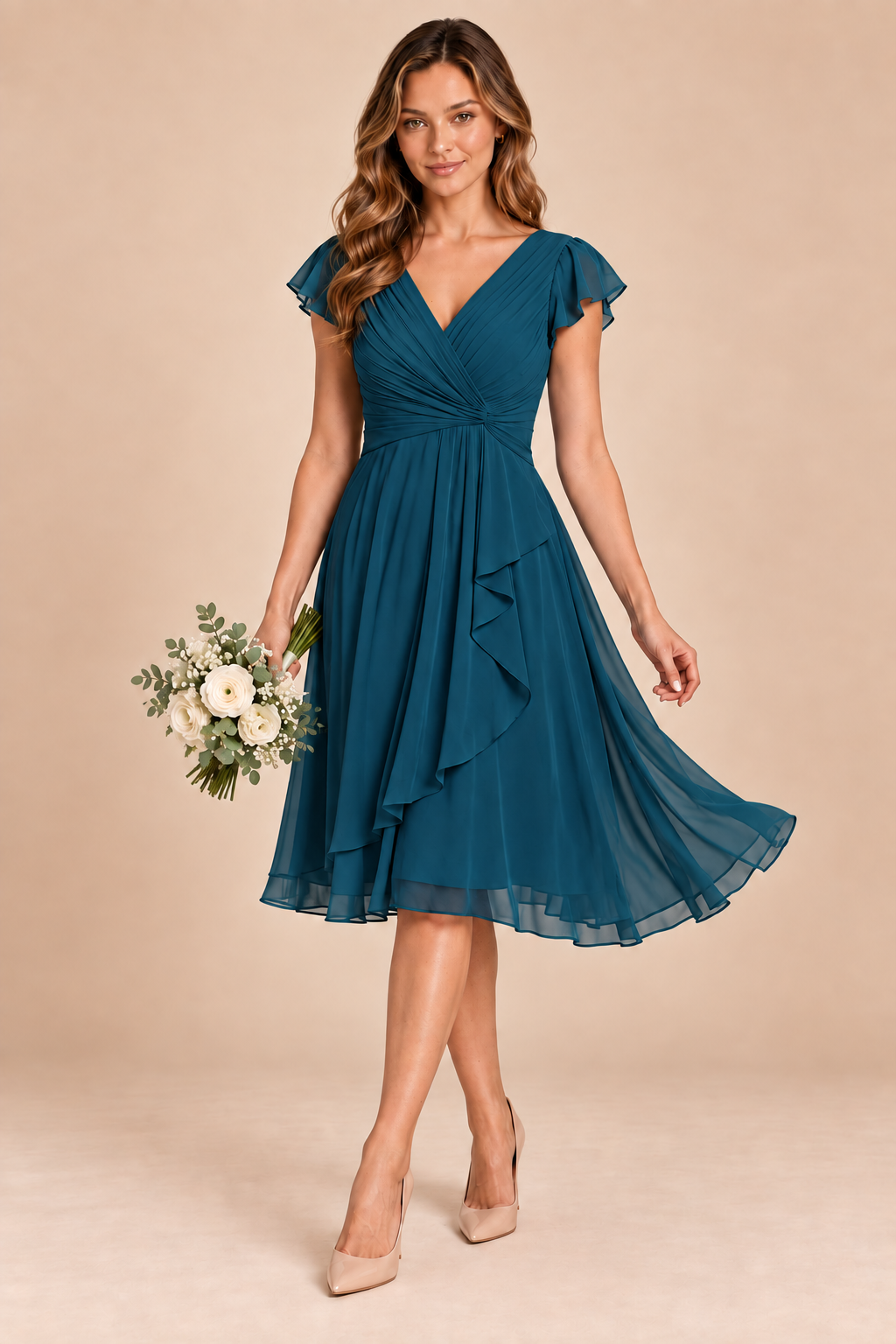 teal v-neck flutter sleeve chiffon short bridesmaid dress, front view