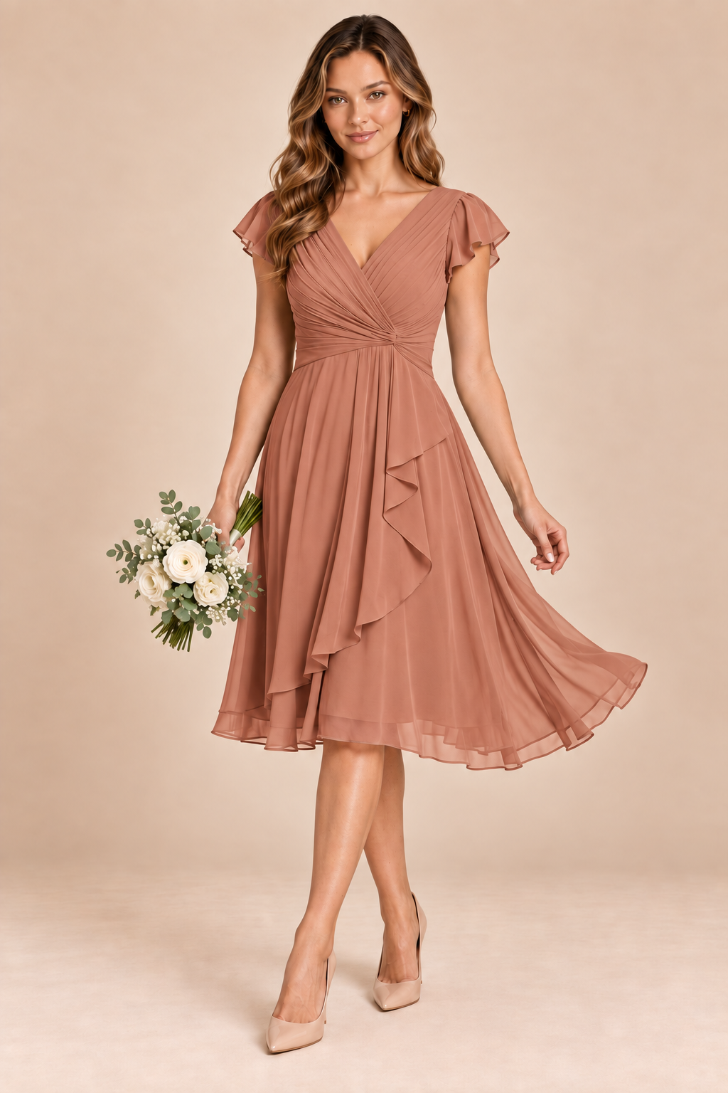 terracotta v-neck flutter sleeve chiffon short bridesmaid dress, front view
