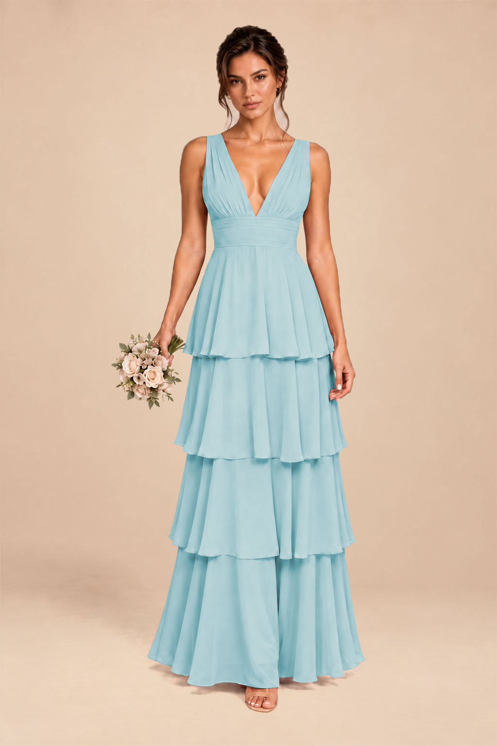 baby blue deep v-neck tiered chiffon ruched long dress, front view