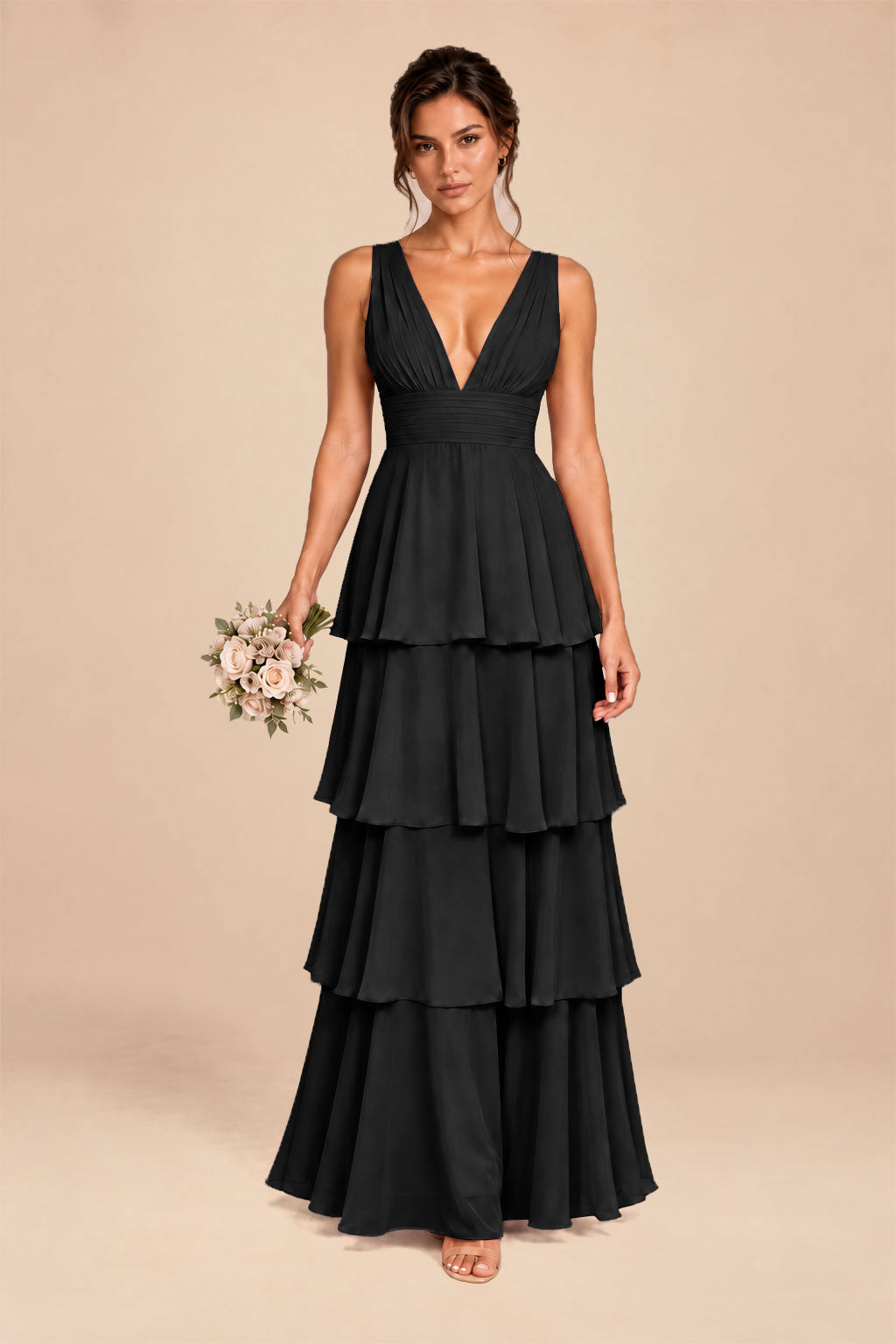 black deep v-neck tiered chiffon ruched long dress, front view