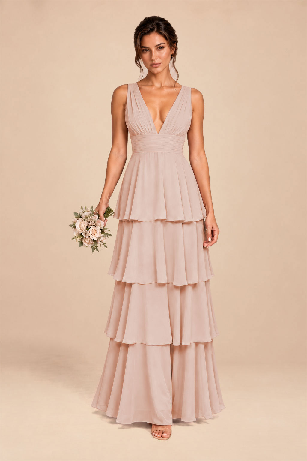 blush pink deep v-neck tiered chiffon ruched long dress, front view