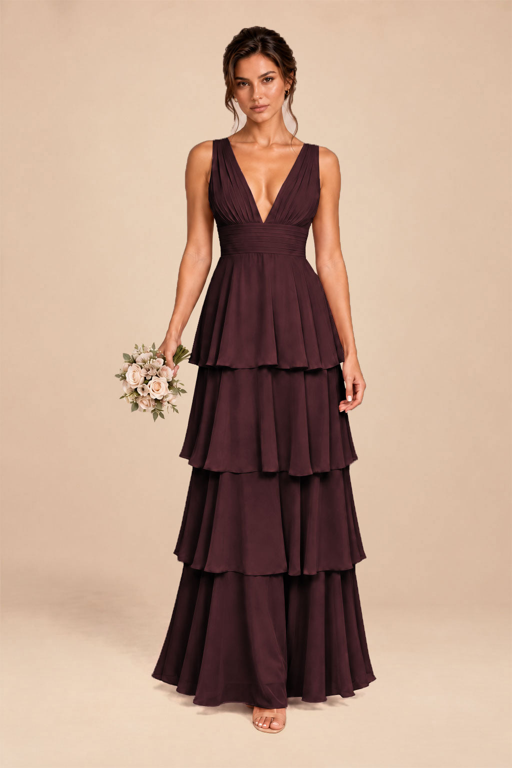 burgundy deep v-neck tiered chiffon ruched long dress, front view