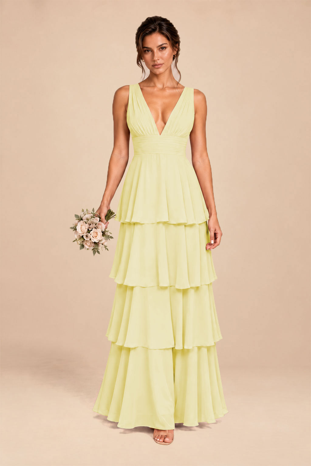 butter yellow deep v-neck tiered chiffon ruched long dress, front view