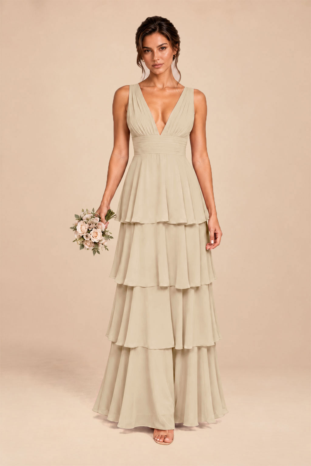 champagne deep v-neck tiered chiffon ruched long dress, front view