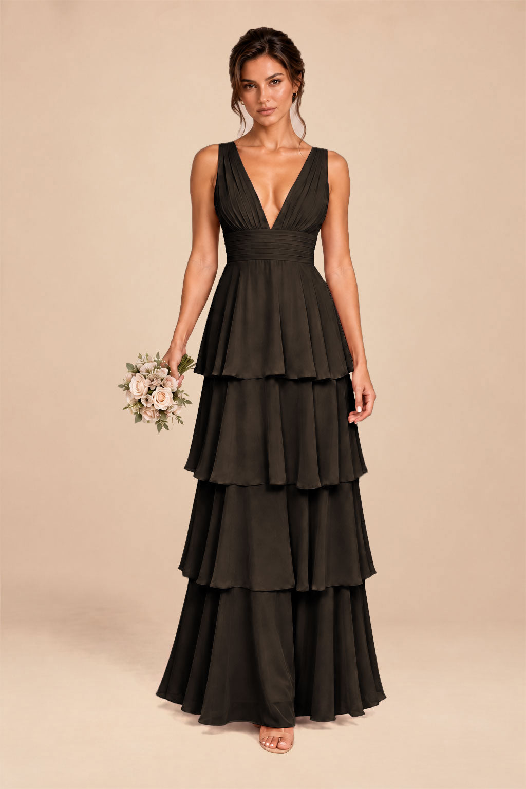 chocolate brown deep v-neck tiered chiffon ruched long dress, front view