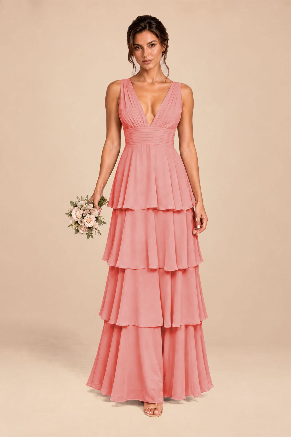 coral deep v-neck tiered chiffon ruched long dress, front view