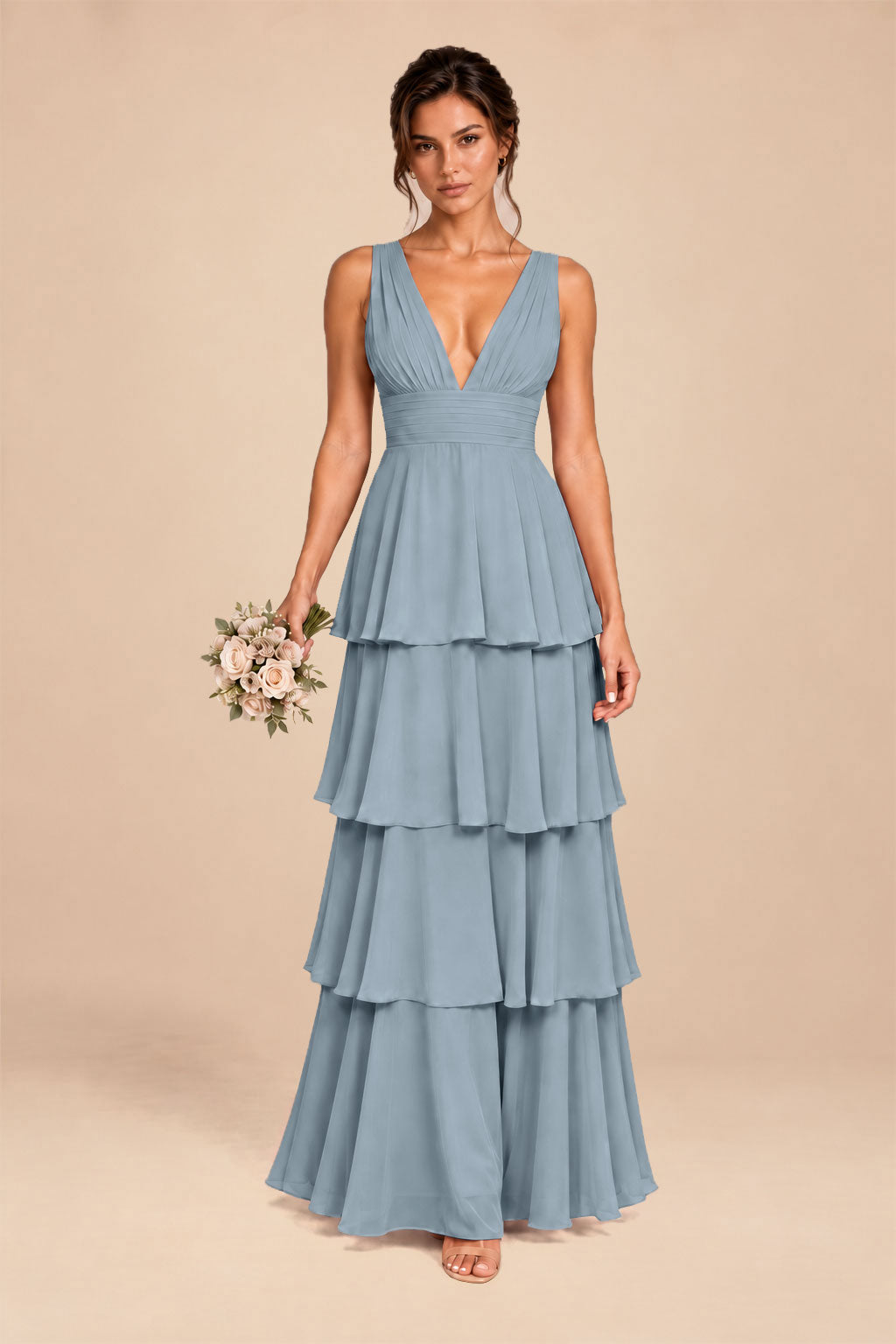 dusty blue deep v-neck tiered chiffon ruched long dress, front view