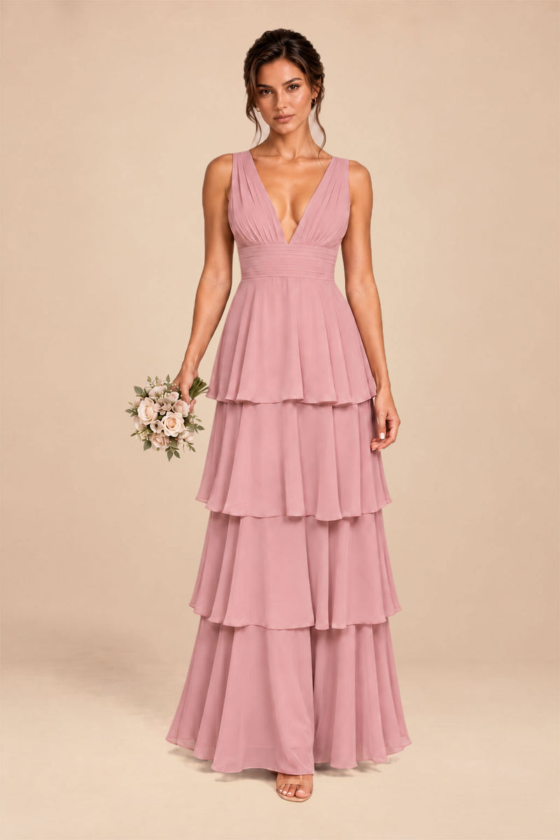 dusty rose deep v-neck tiered chiffon ruched long dress, front view