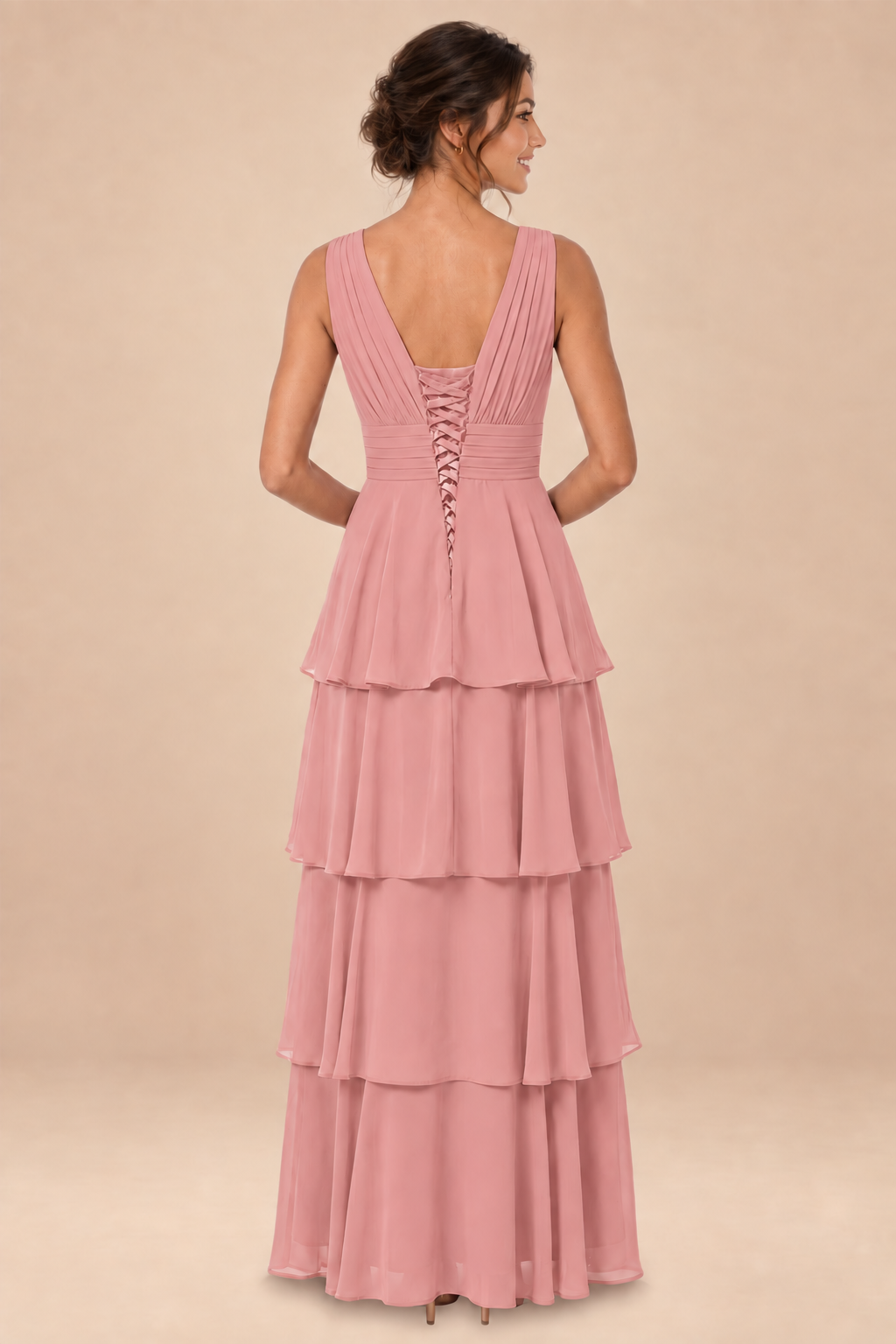dusty rose deep v-neck tiered chiffon ruched long dress, back view