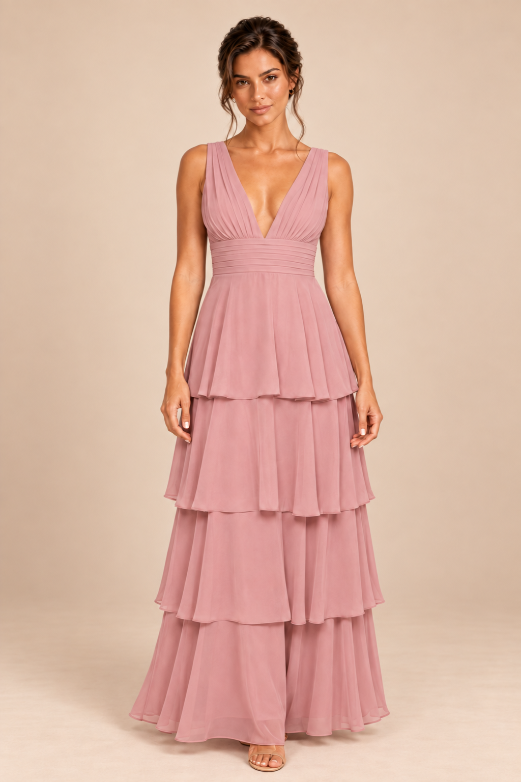 dusty rose deep v-neck tiered chiffon ruched long dress, three-quarter view