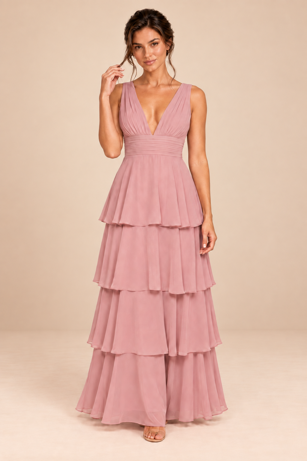 dusty rose deep v-neck tiered chiffon ruched long dress, three quarter view