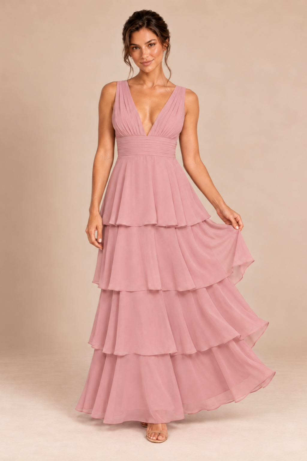 dusty rose deep v-neck tiered chiffon ruched long dress, movement view