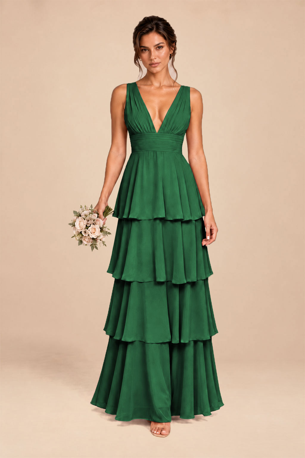 emerald green deep v-neck tiered chiffon ruched long dress, front view