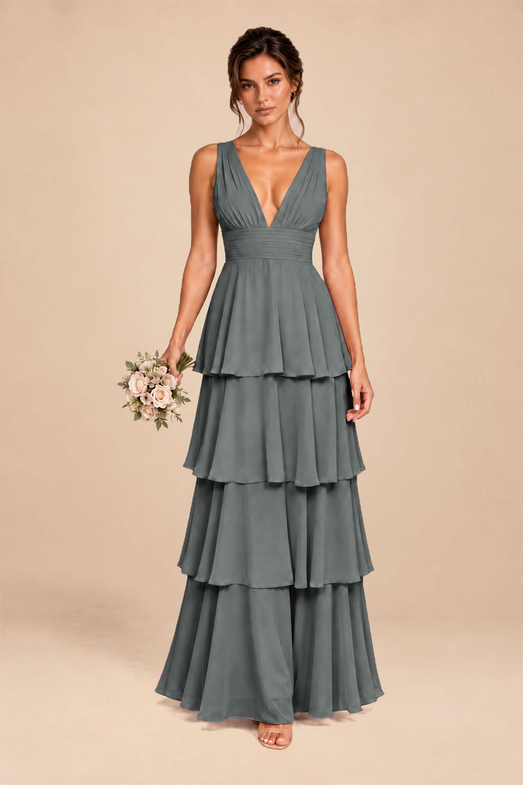 gray deep v-neck tiered chiffon ruched long dress, front view