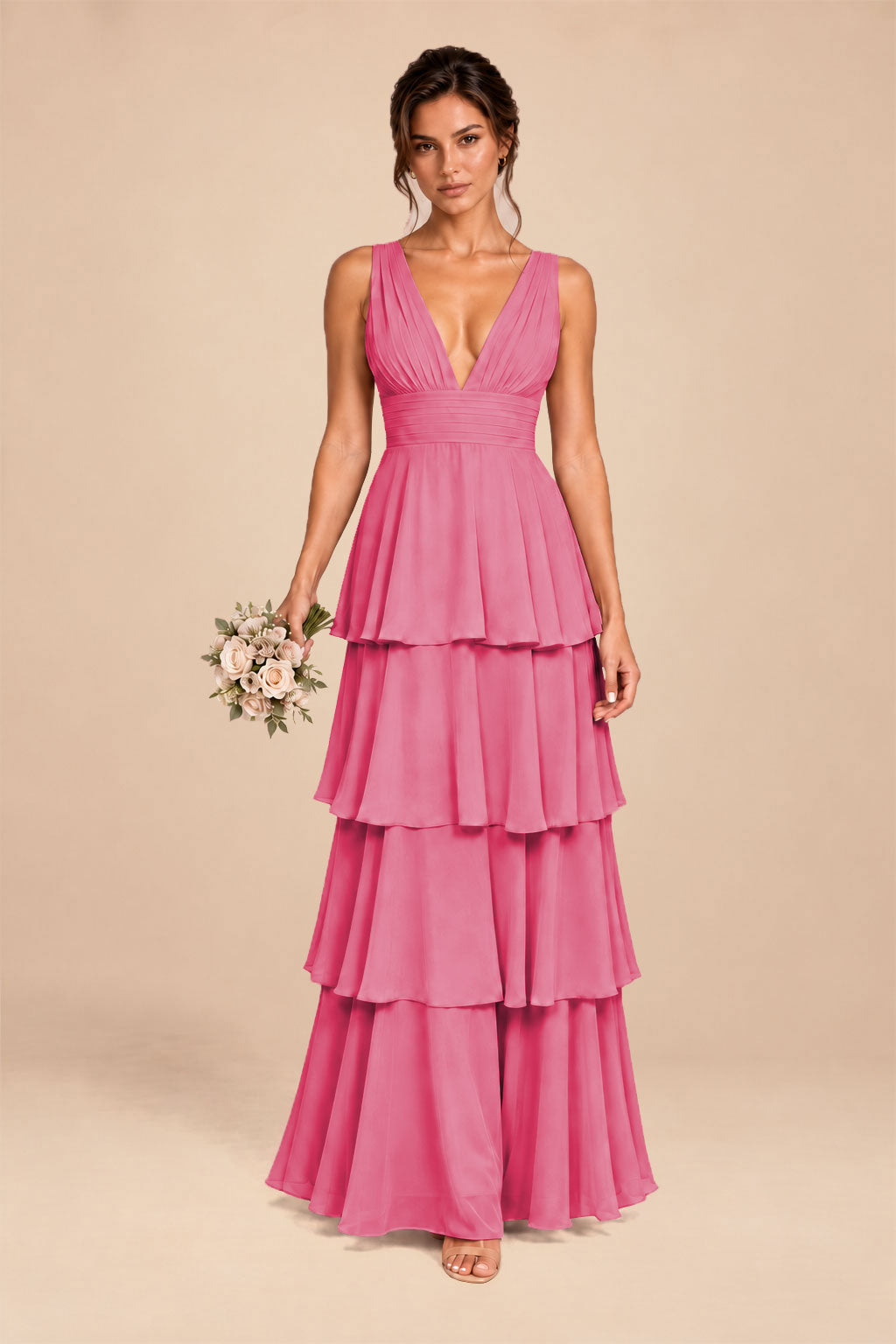 hot pink deep v-neck tiered chiffon ruched long dress, front view