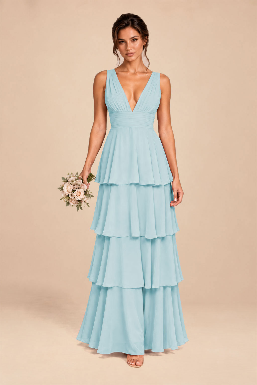 ice blue deep v-neck tiered chiffon ruched long dress, front view
