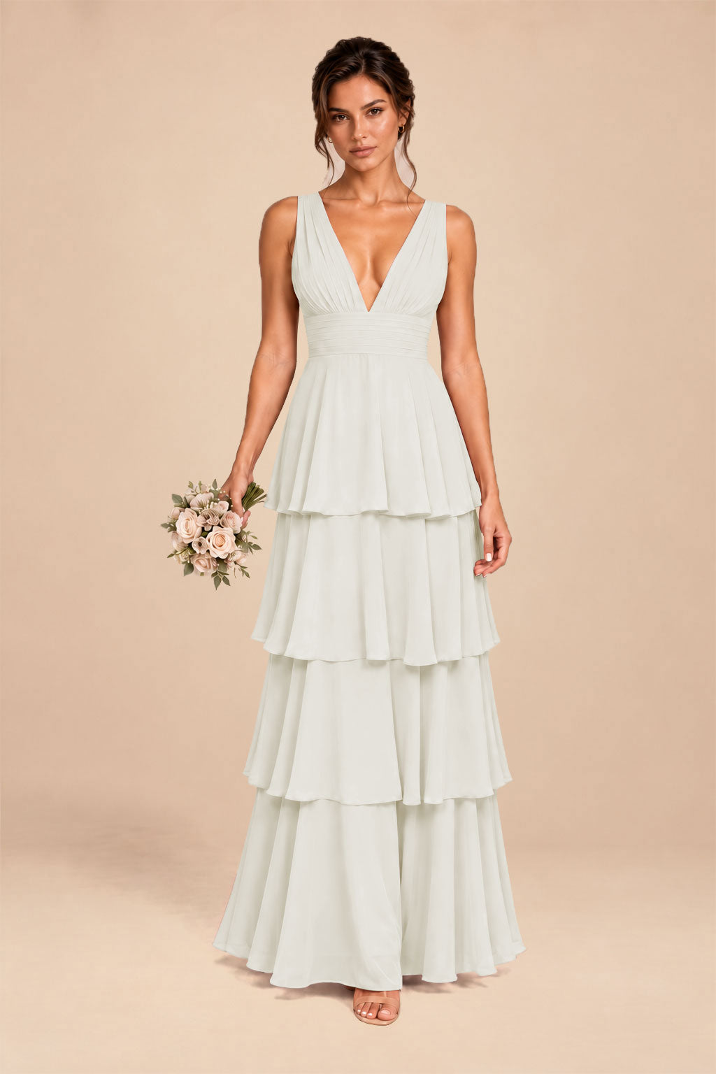 ivory deep v-neck tiered chiffon ruched long dress, front view