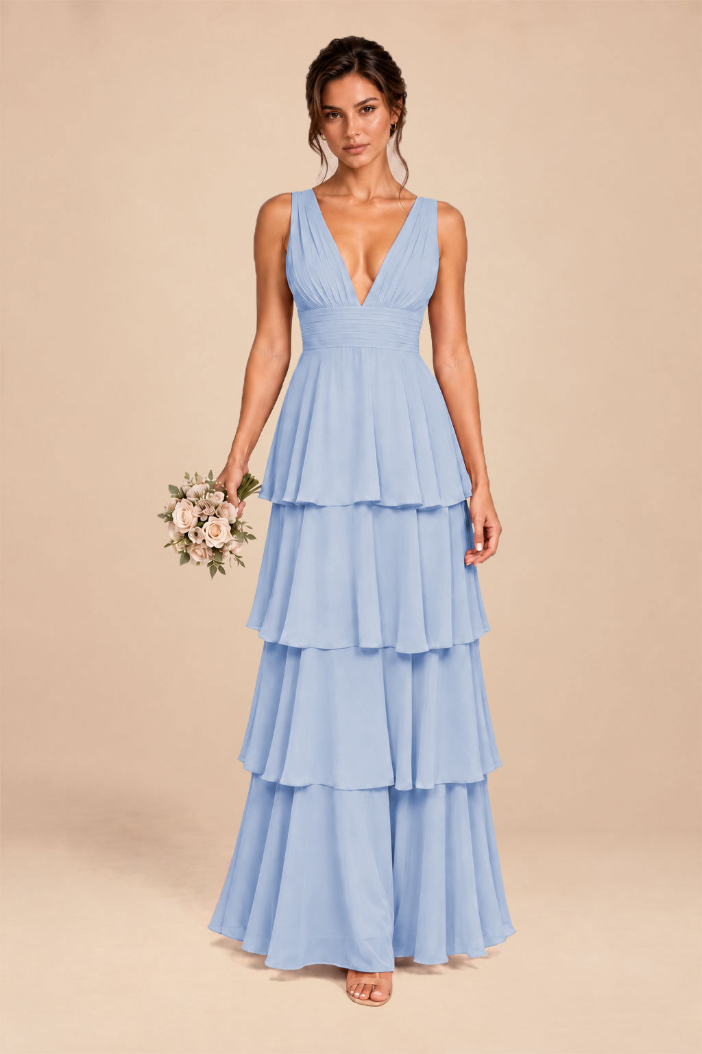 lavender deep v-neck tiered chiffon ruched long dress, front view