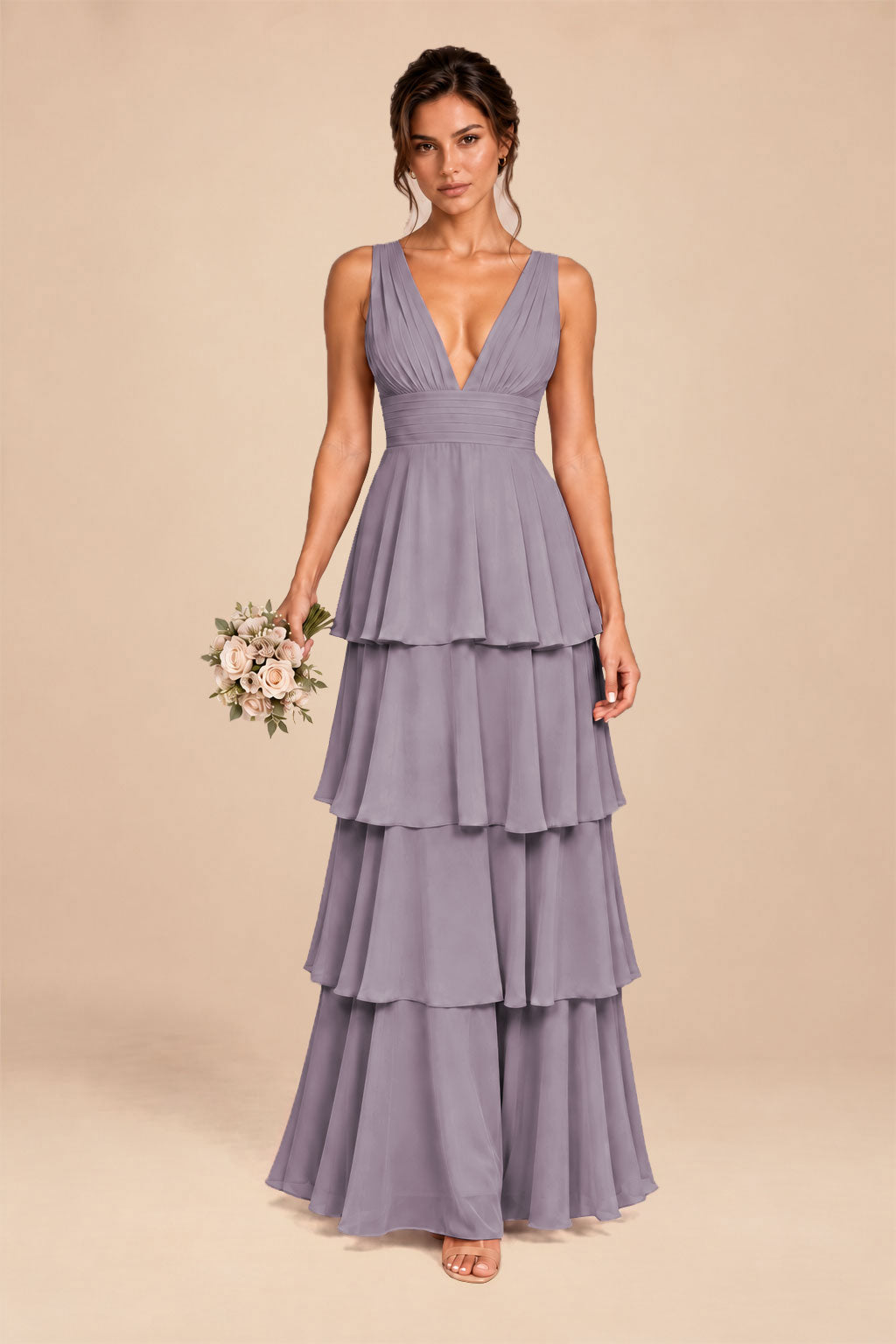 mauve deep v-neck tiered chiffon ruched long dress, front view