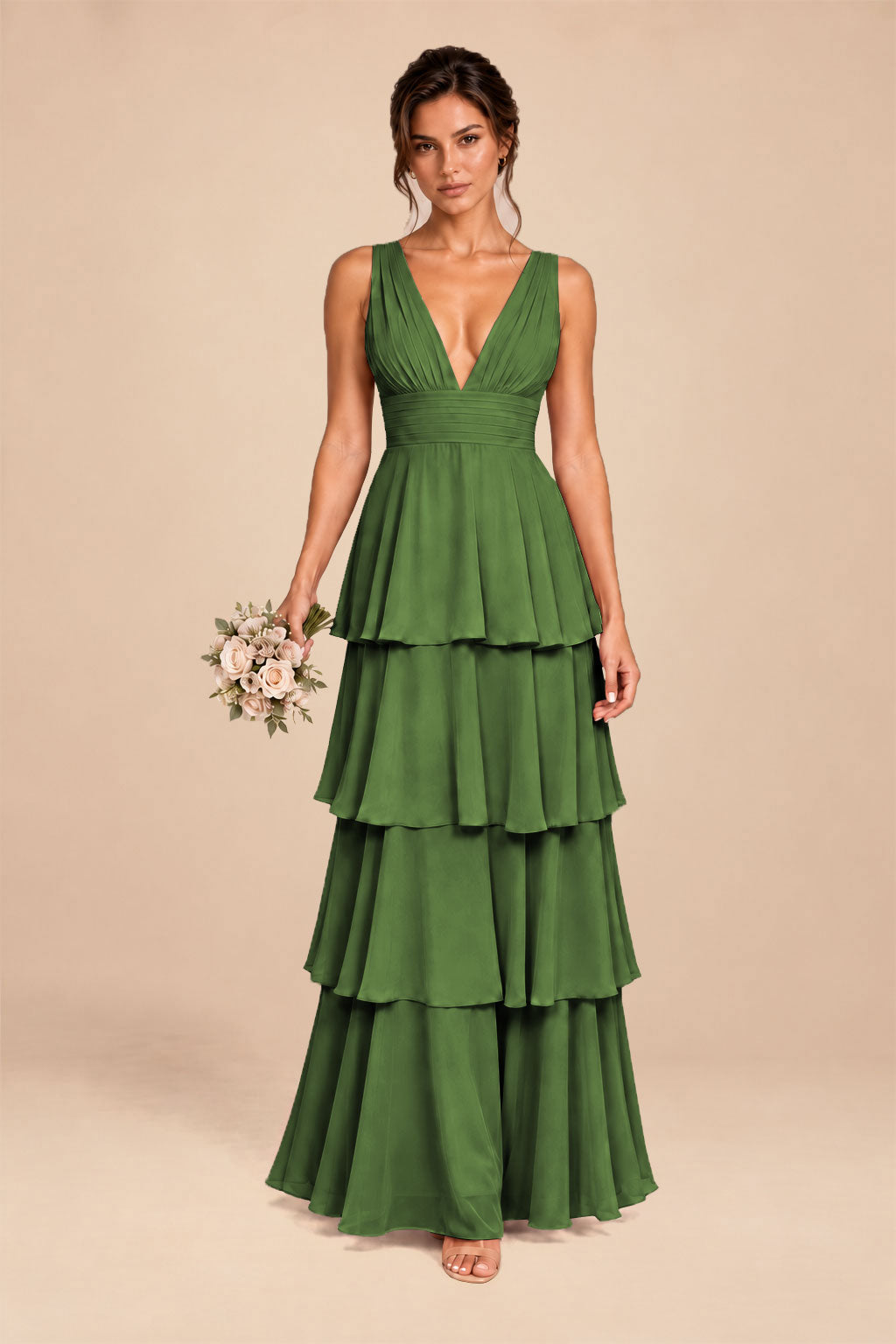 olive green deep v-neck tiered chiffon ruched long dress, front view