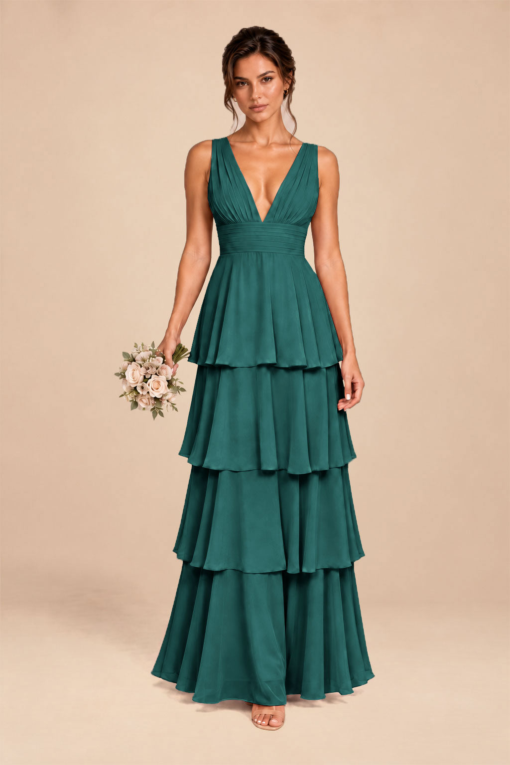 peacock deep v-neck tiered chiffon ruched long dress, front view