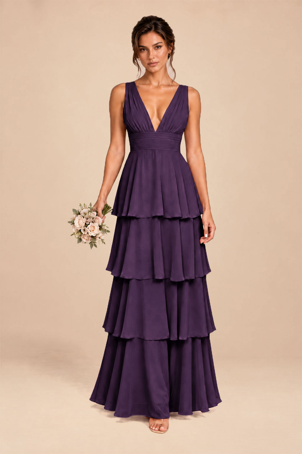 plum deep v-neck tiered chiffon ruched long dress, front view