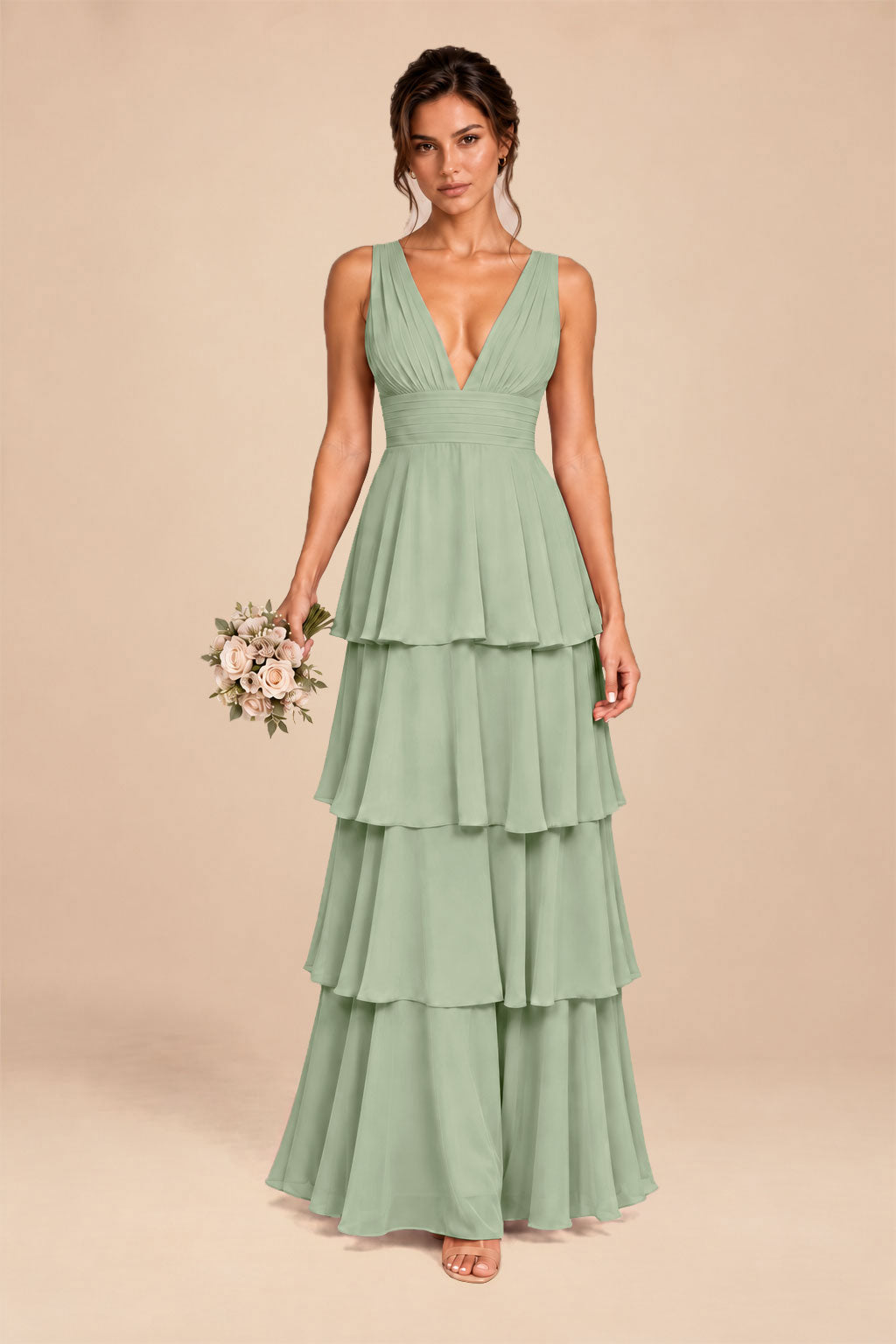 sage green deep v-neck tiered chiffon ruched long dress, front view