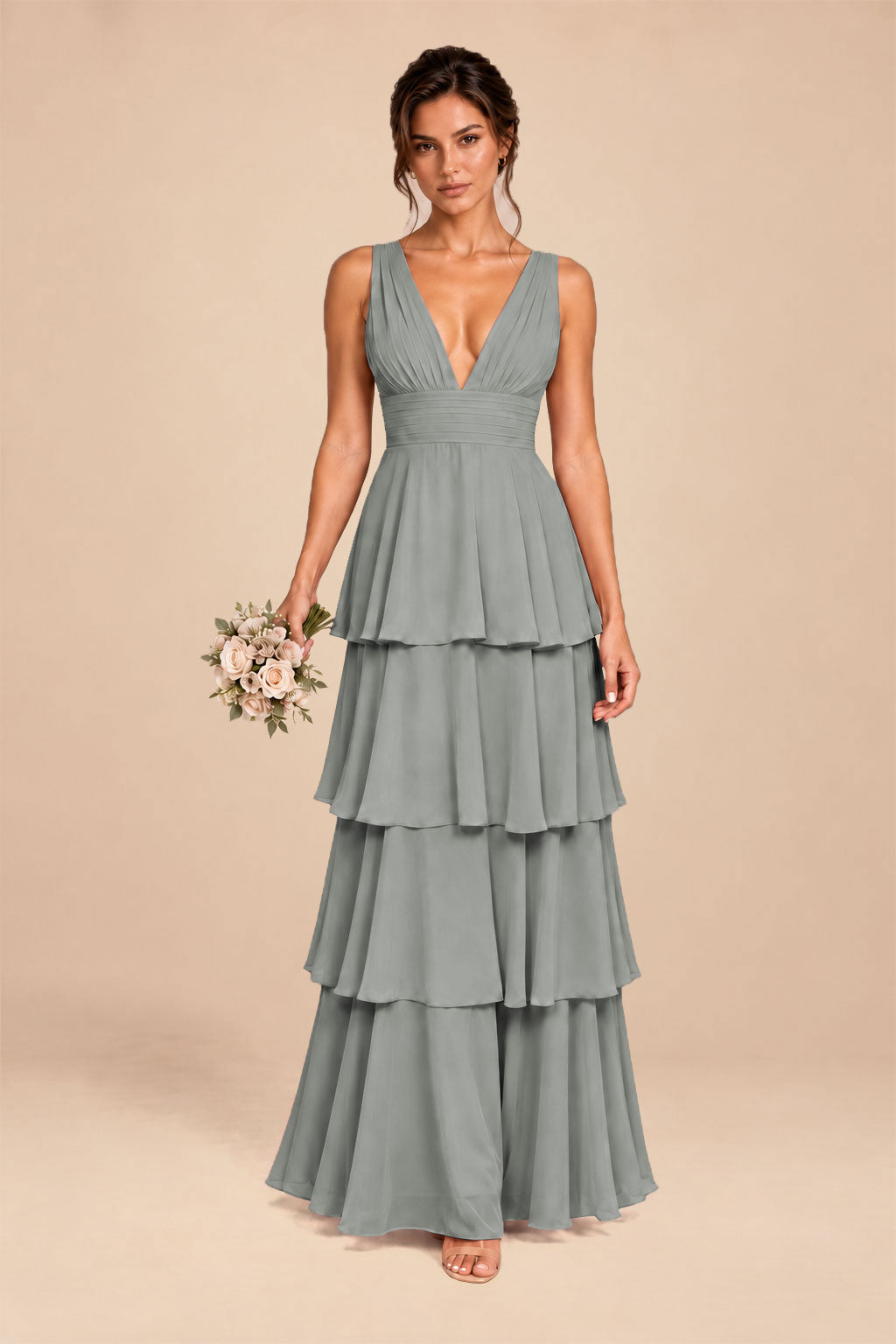 silver deep v-neck tiered chiffon ruched long dress, front view