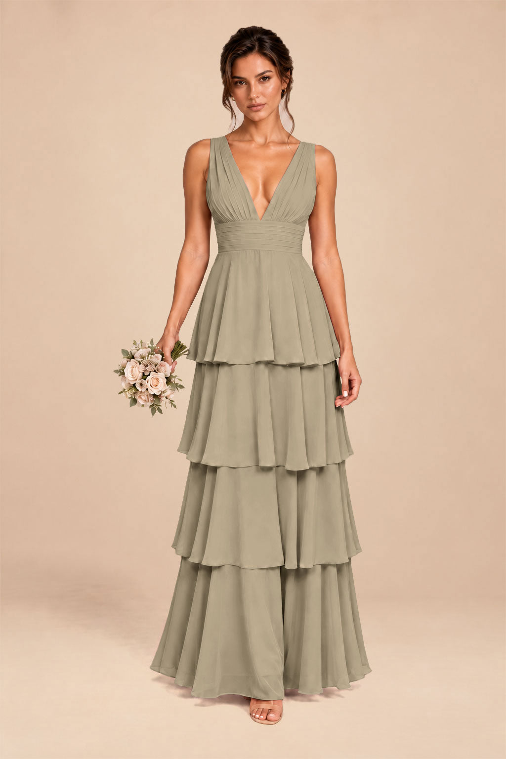 taupe deep v-neck tiered chiffon ruched long dress, front view