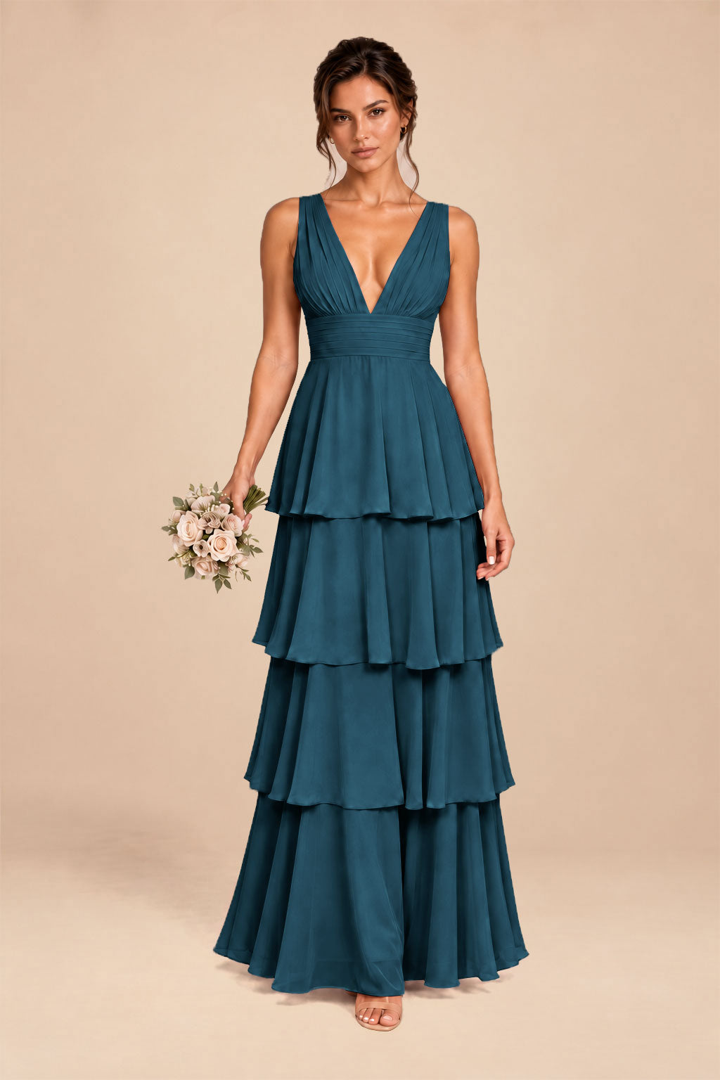 teal deep v-neck tiered chiffon ruched long dress, front view