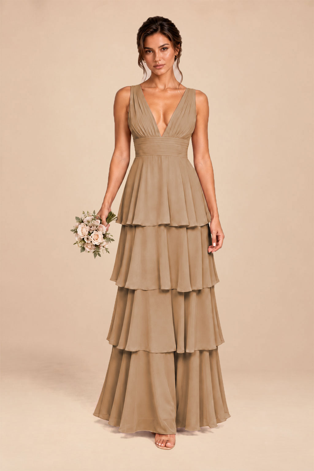 terracotta deep v-neck tiered chiffon ruched long dress, front view