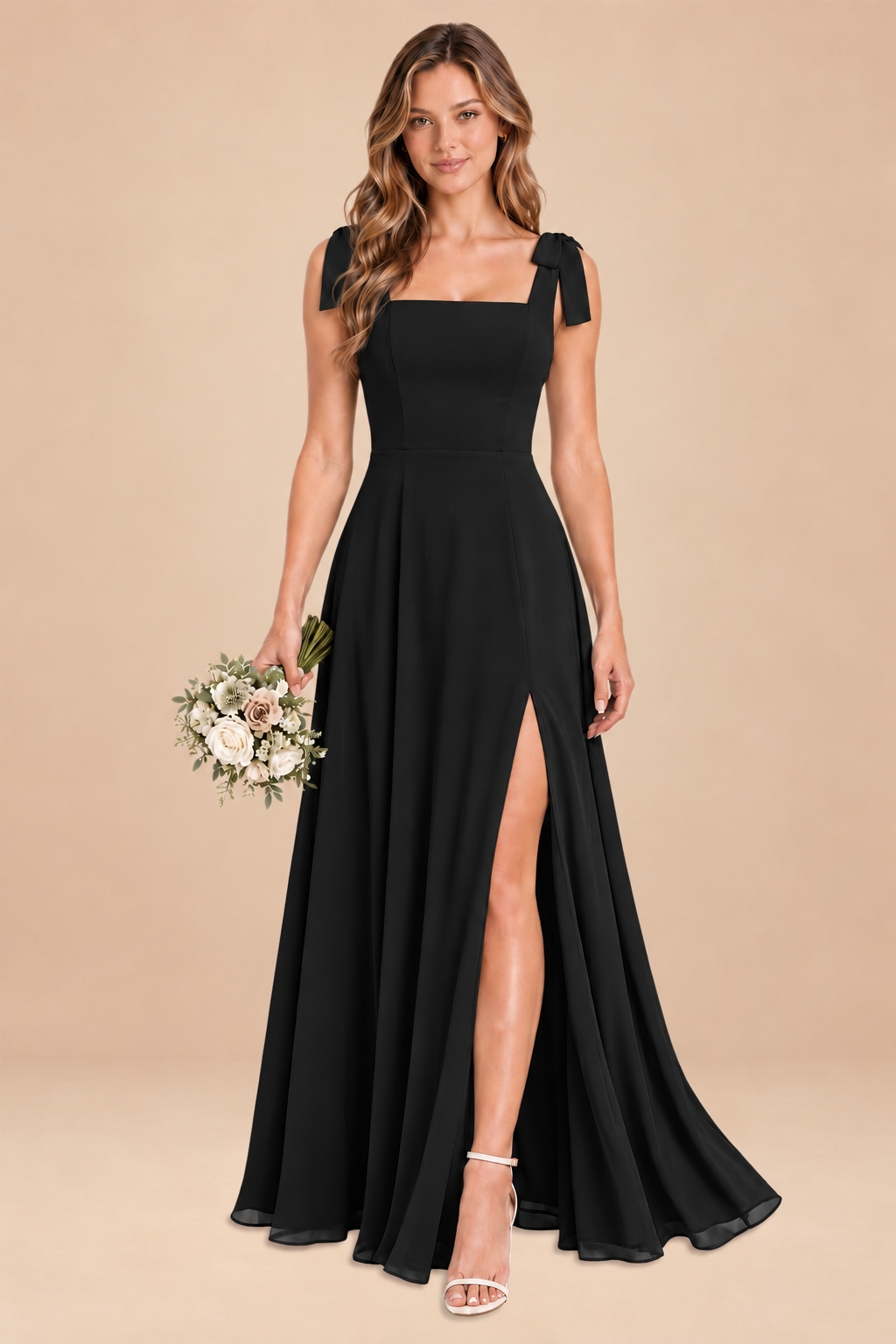 black square-neck bow straps chiffon bridesmaid dress with slit, front view
