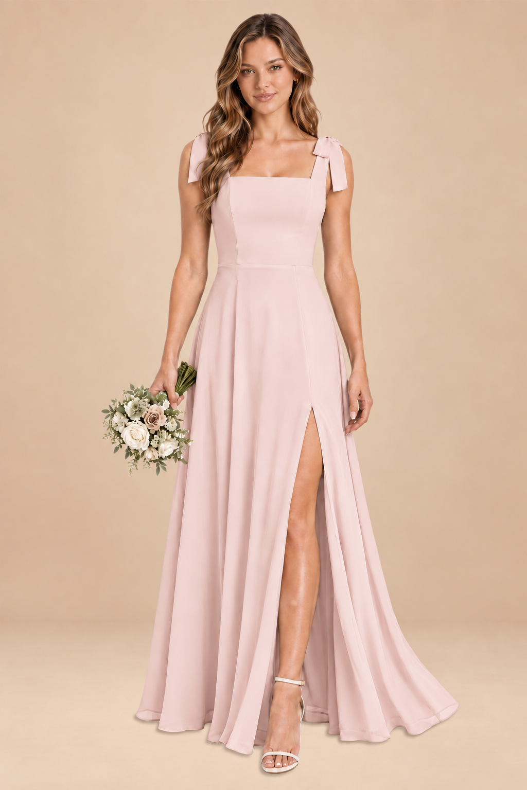 blush pink square-neck bow straps chiffon bridesmaid dress with slit, front view
