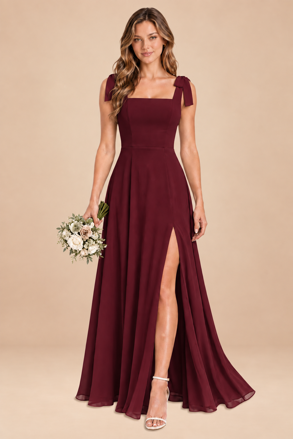 burgundy square-neck bow straps chiffon bridesmaid dress with slit, front view