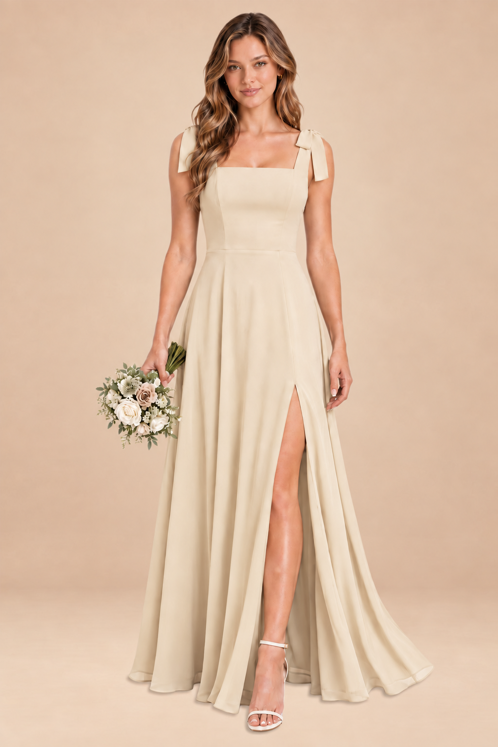 champagne square-neck bow straps chiffon bridesmaid dress with slit, front view