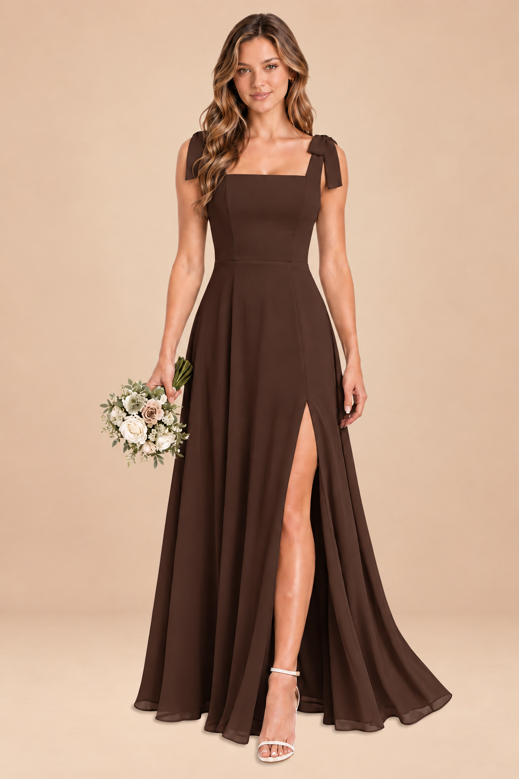 chocolate brown square-neck bow straps chiffon bridesmaid dress with slit, front view