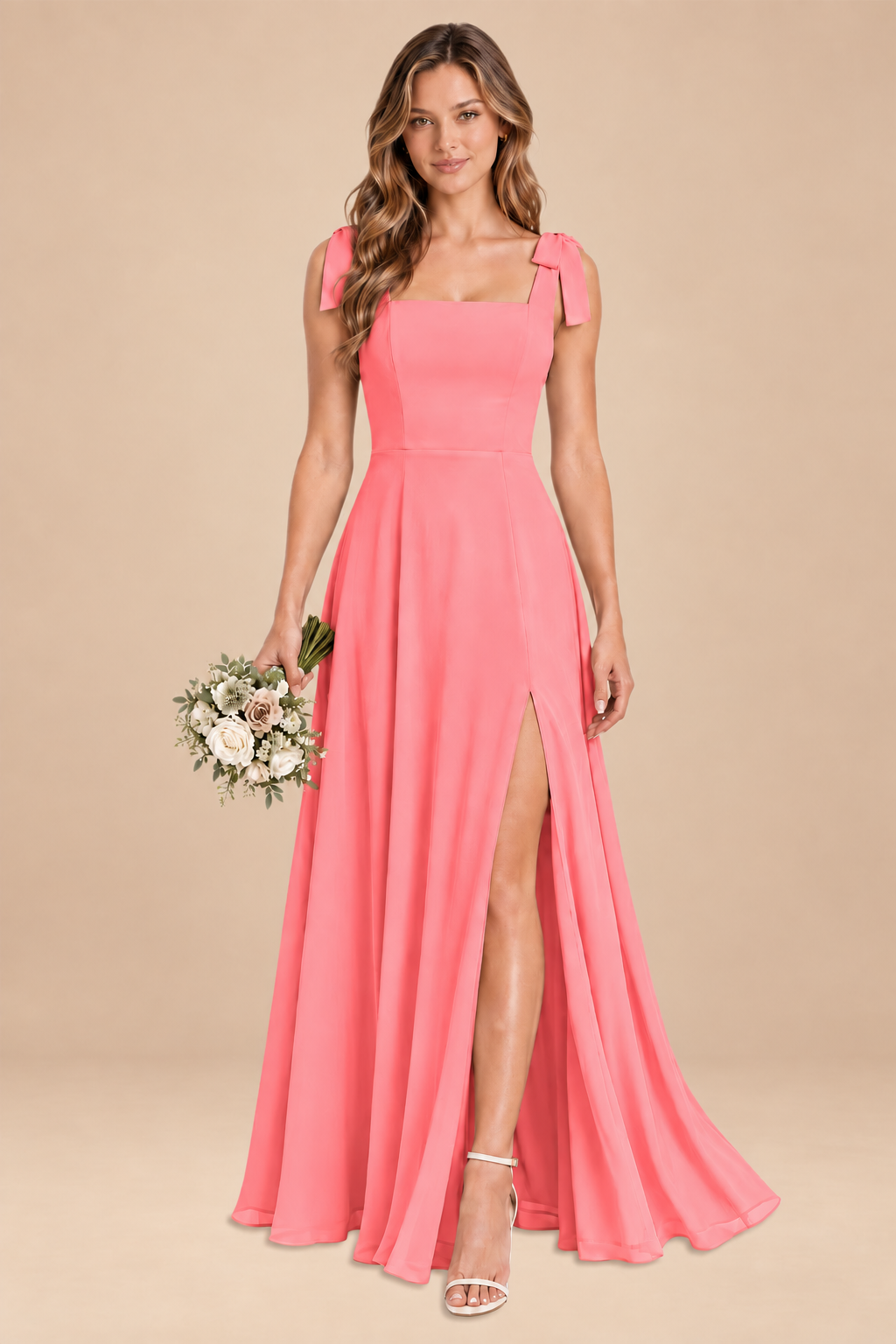 coral square-neck bow straps chiffon bridesmaid dress with slit, front view