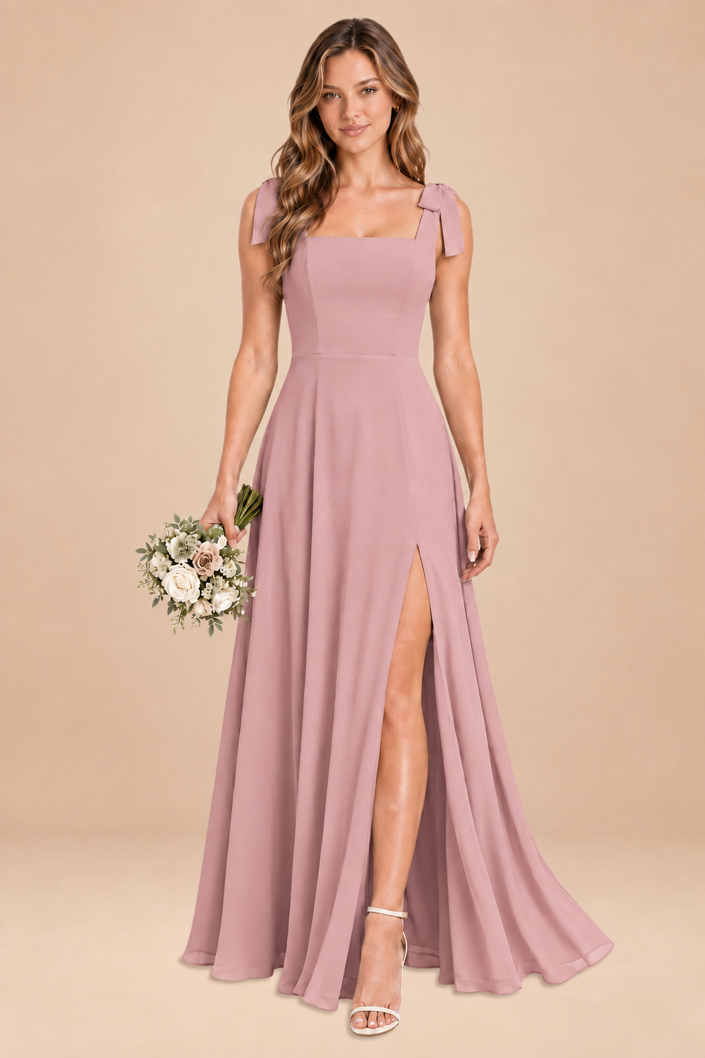 dusty rose square-neck bow straps chiffon bridesmaid dress with slit, front view