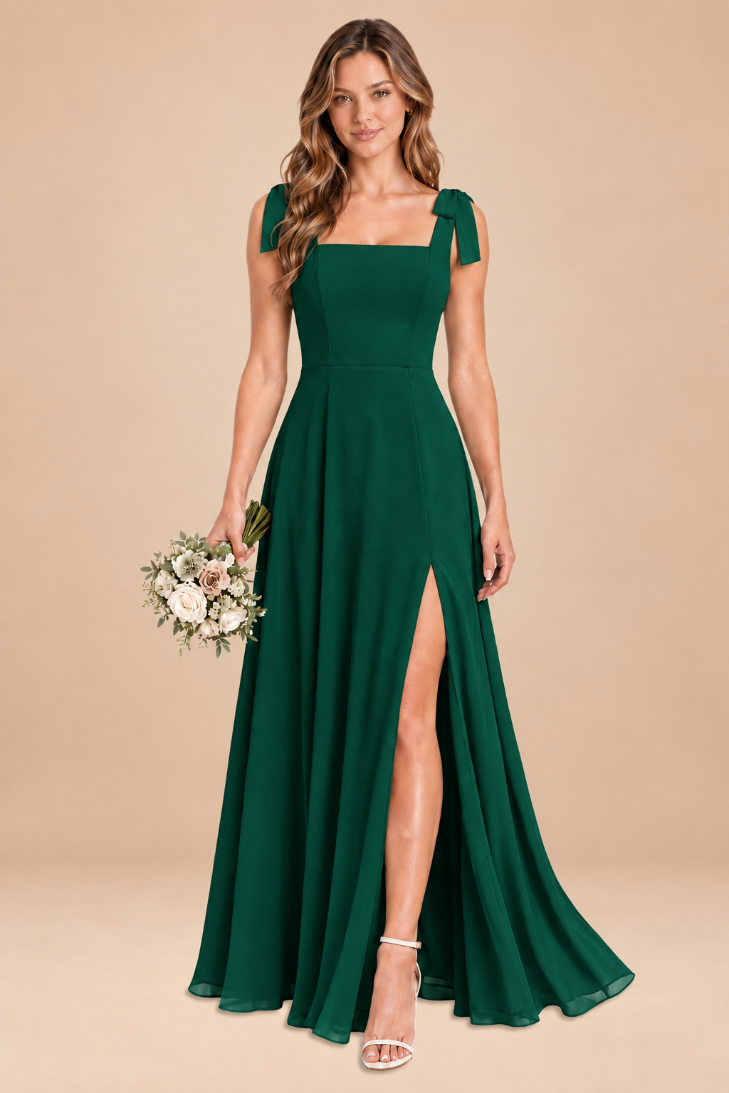 emerald green square-neck bow straps chiffon bridesmaid dress with slit, front view
